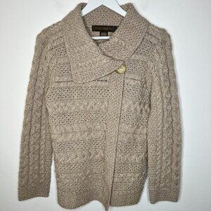 Inis Crafts Ireland Women's Cardigan Medium Beige Merino Wool Cable Knit Sweater